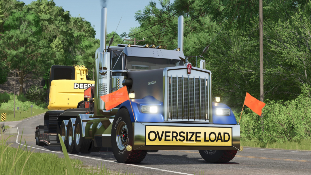 Farming Simulator 25 mod featuring a Kenworth W900L truck with an oversized load sign, on a rural road with trees.