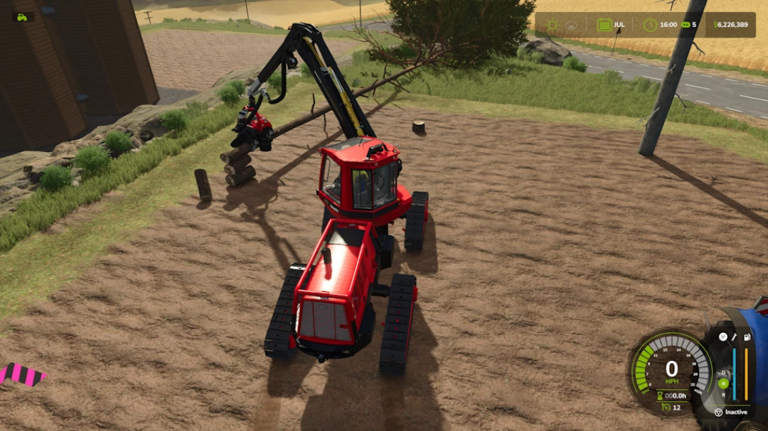 Farming Simulator 25 mod: Komatsu Harvester 911 1.2.0.0 working in a field with tracked wheels and hydraulic arm.