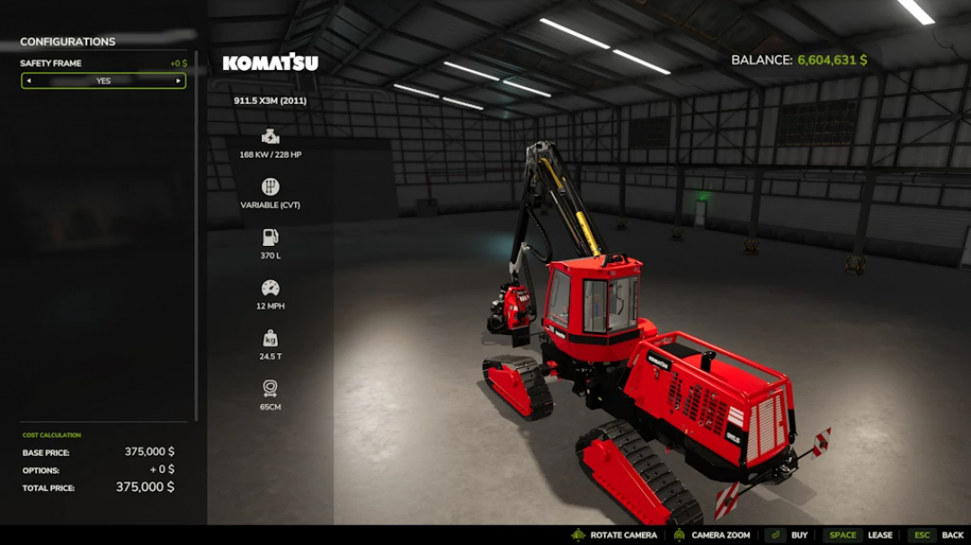 Farming Simulator 25 mods: Komatsu Harvester 911 1.2.0.0 mod in an indoor garage, displaying configuration options and gaming interface.