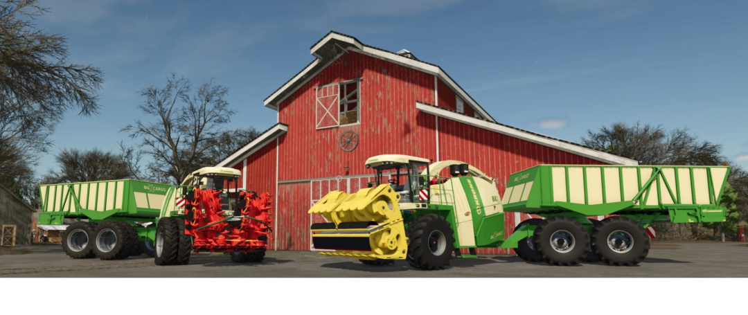 Farming Simulator 25 mods featuring the Krone BigX 1100 Cargo mod in front of a red barn.