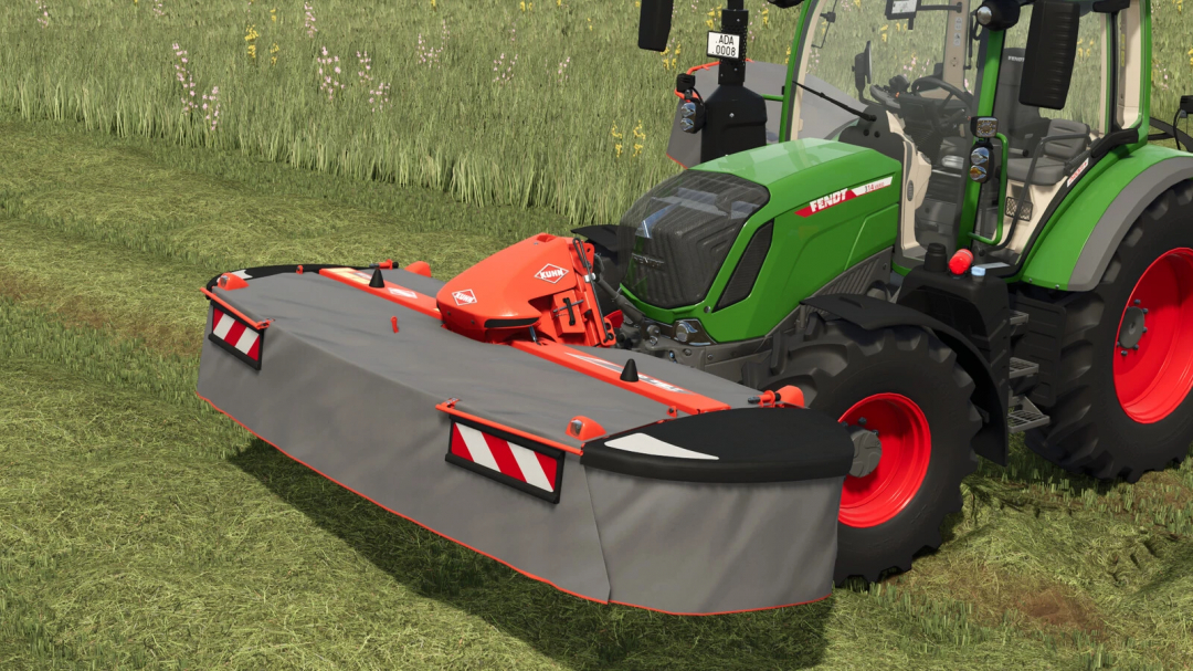 Farming Simulator 25 mod: Kuhn GMD COMPACT F Pack v1.0.0.0 on a tractor, used for mower attachment in farming.