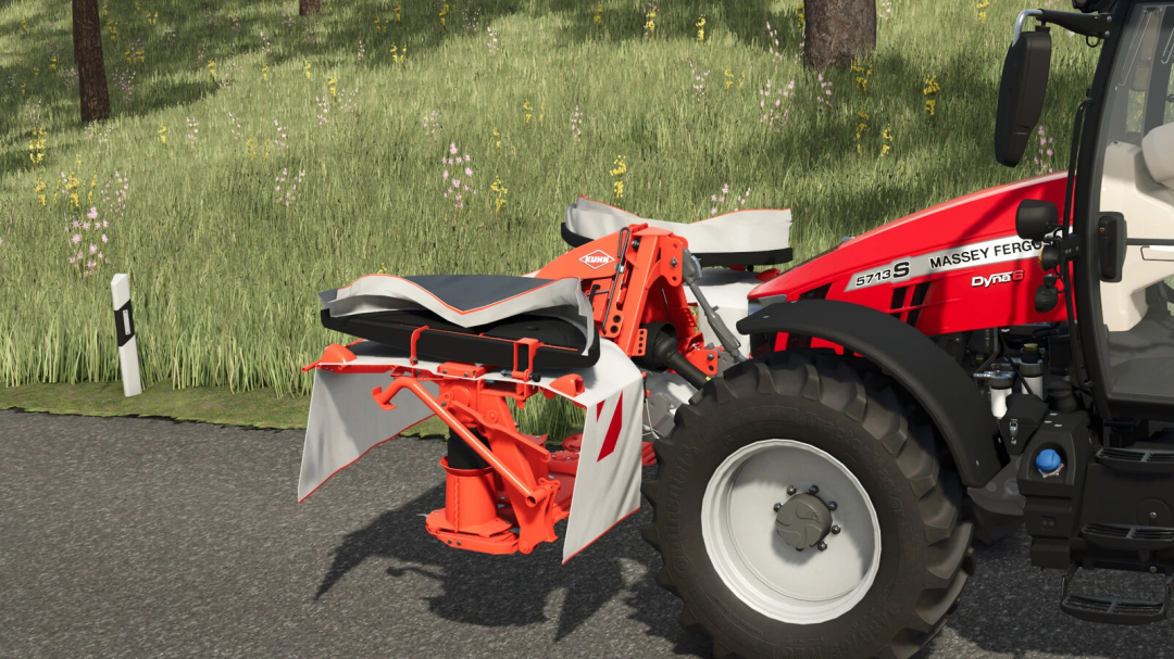 Farming Simulator 25 mod: Massey Ferguson 5713S tractor with Kuhn GMD COMPACT F Pack attachment for forage harvesting.