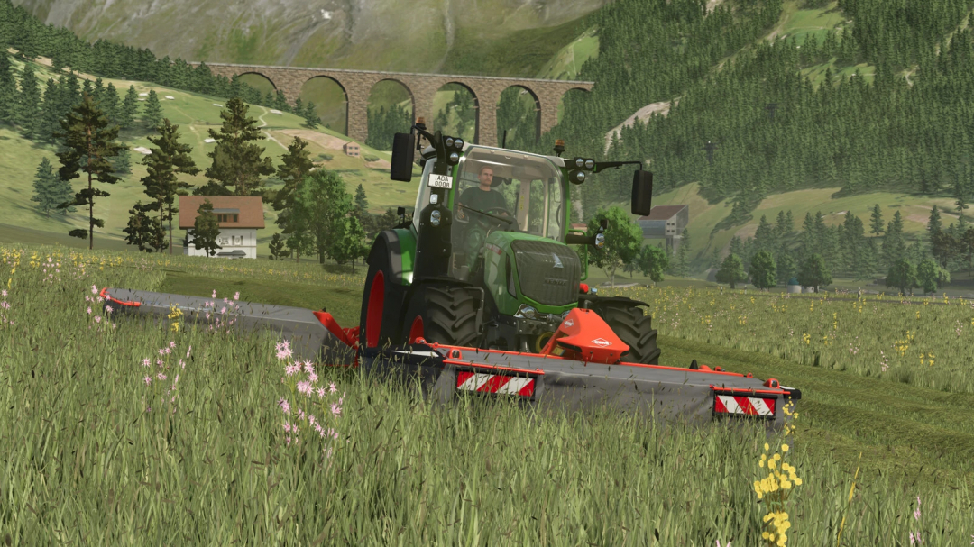 Farming Simulator 25 mod: Kuhn GMD COMPACT F Pack v1.0.0.0 tractor performing mowing in a lush field with green hills and trees.