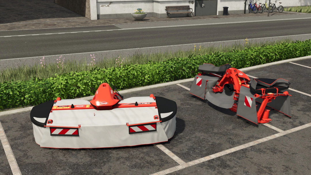 Farming Simulator 25 mods: Kuhn GMD COMPACT F Pack v1.0.0.0 landscape mowers in a parking lot.
