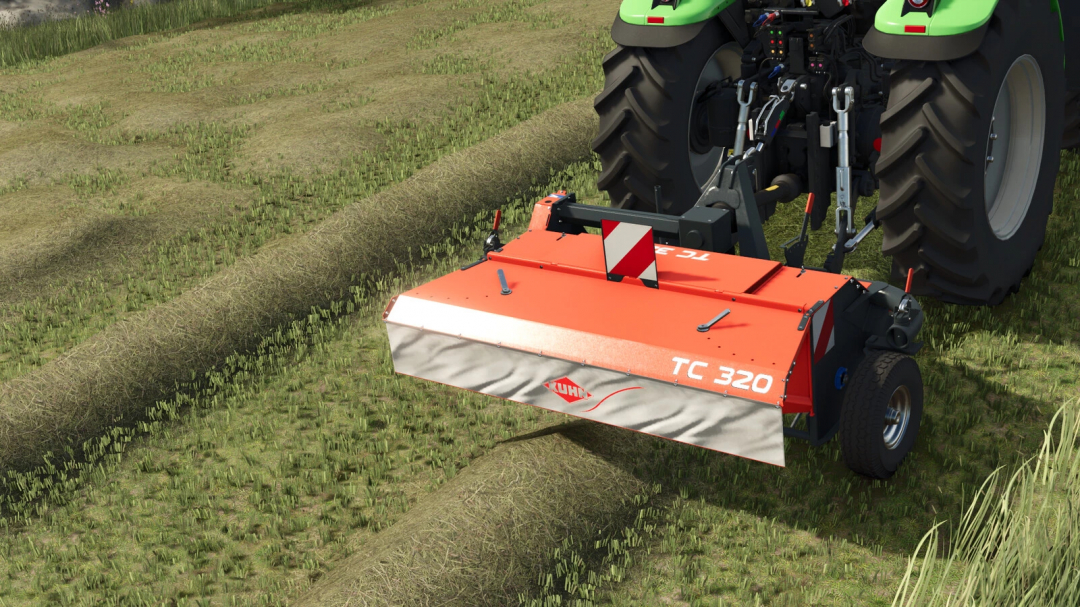Farming Simulator 25 mod: Kuhn TC 320, a large farming mulcher attached to a tractor, used for breaking down crop residues.