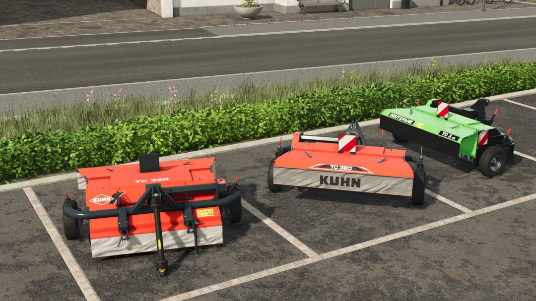 Farming Simulator 25 mods; Kuhn TC 320 v1.0.0.0 agricultural mower mods displayed on a parking lot.