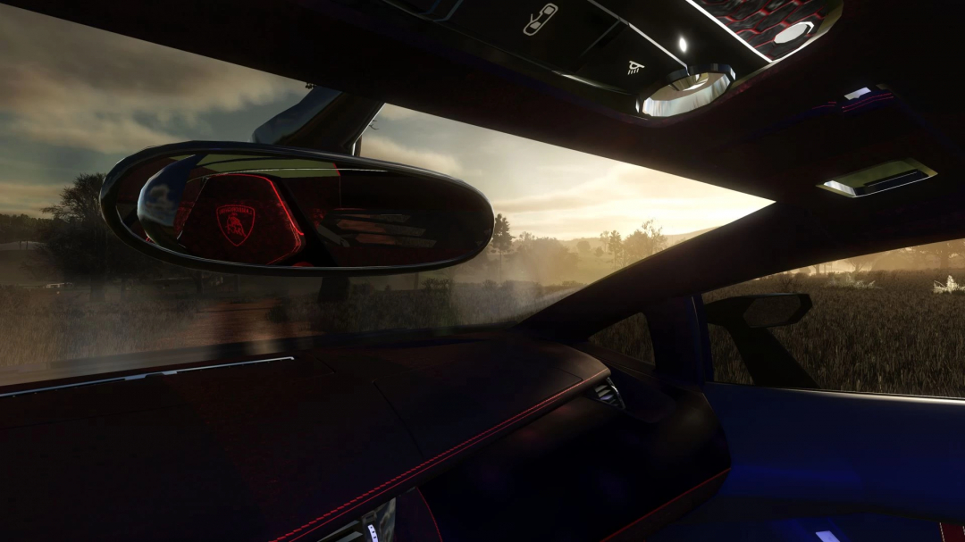Interior of a Lamborghini Veneno car showing the rearview mirror and dashboard with a scenic sunset view outside, from Farming Simulator 25 mods.