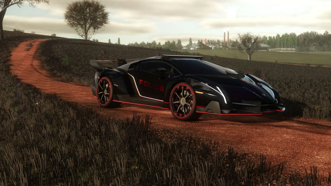Farming Simulator 25 mods: Black police-themed sports car with red accents and 'POLICE' decals on a dirt road, from the Lamborghini Veneno v1.0.0.0 mod.