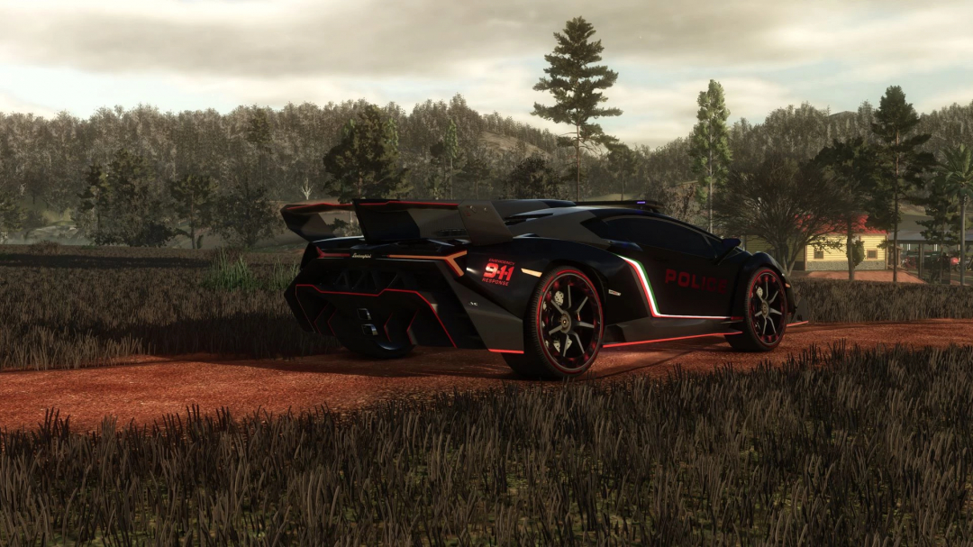 In Farming Simulator 25, a black Lamborghini Veneno police-themed sports car is parked on a dirt road in a rural setting, featuring a police decal and red accents.