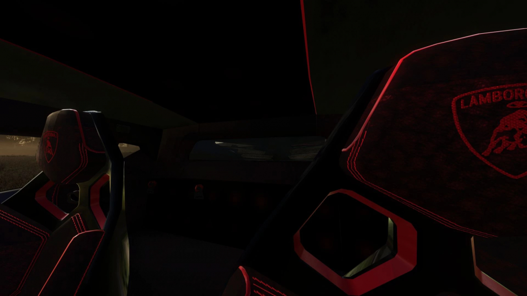 Inside view of a Lamborghini Veneno in Farming Simulator 25 mod, showcasing the steering wheel and dashboard with illuminated details.