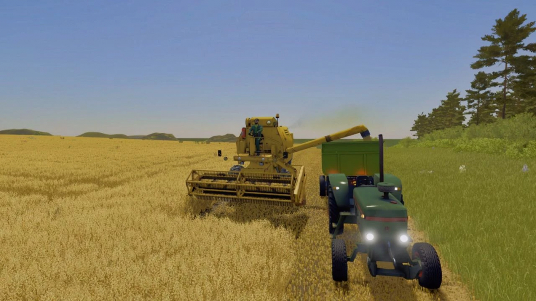 Farming Simulator 25 mods: A tractor and a yellow harvesters working together with a modded combine harvester in a wheat field.