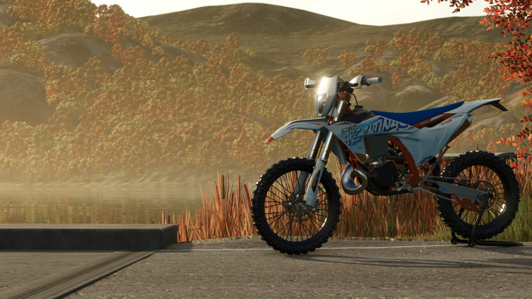 Farming Simulator 25 mod: Lizard 350 EXCF dirt bike parked near autumn foliage and lake, showcasing custom motocross design.