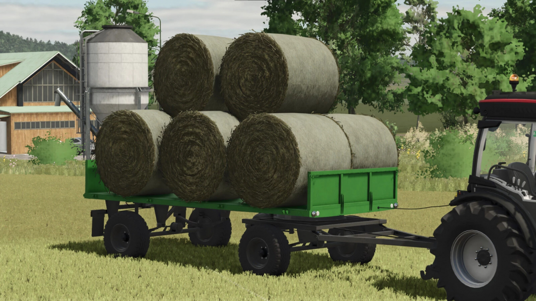 Farming Simulator 25 mod: tractor towing a green trailer loaded with hay bales in Farming Simulator 25.