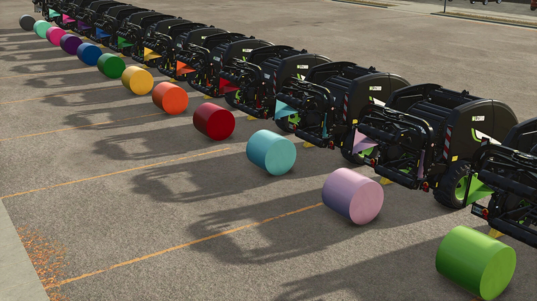 Line of Lizard GecoWrap mods from Farming Simulator 25 with colorful cylindrical hay bales, casting shadows on the parking lot.