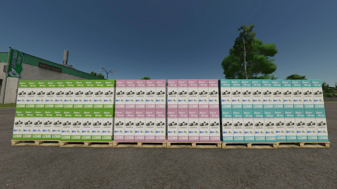 Stack of Lizard GecoWrap v1.0.0.0 mods boxes in Farming Simulator 25, with colorful packaging on pallets, für FS25 mods and Farming Simulator 25 mods.