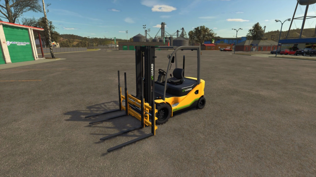 Lizard LZ45 forklift mod for Farming Simulator 25, available as a FS25 mod, pictured in an outdoor lot with buildings and industrial structures.