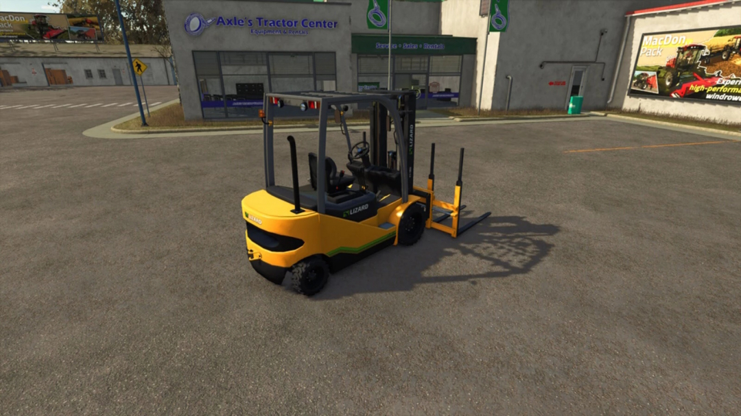Farming Simulator 25 mod: Yellow Lizard LZ45 forklift parked outside Axle's Tractor Center in Farming Simulator 25.