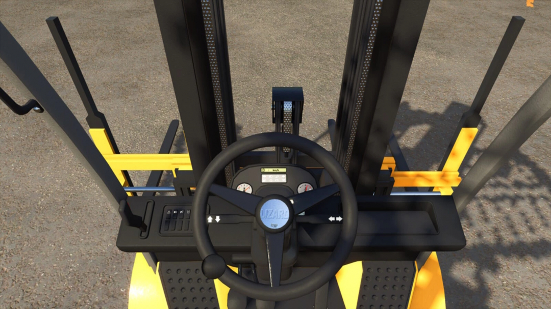Inside view of a forklift in Farming Simulator 25 showcasing the steering wheel and control panel, mod Lizard LZ45 v1.0.0.0.