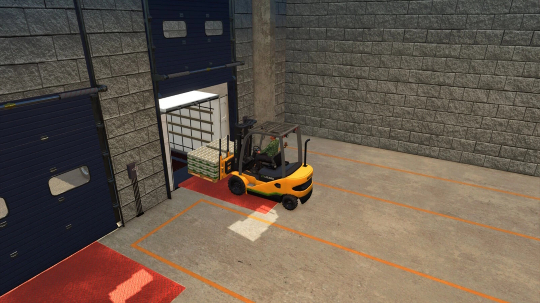 Farming Simulator 25 mod: Lizard LZ45 forklift transporting pallets inside a warehouse.