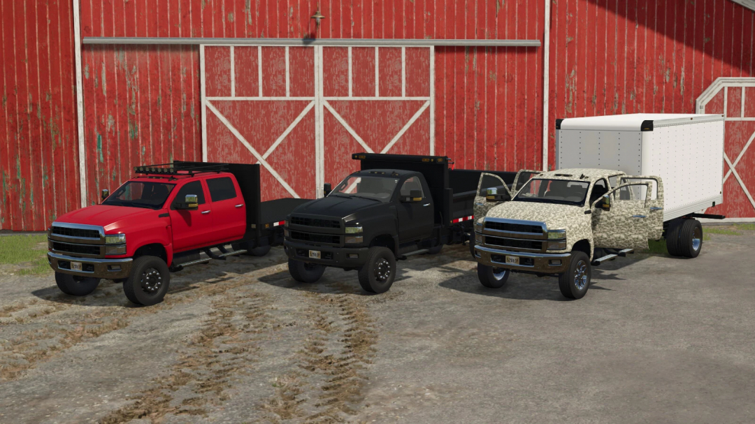 Three FS25 mod trucks including a red, black, and camo Lizard Silver 6500 v2.0.0.0 mod, parked in front of a red barn in Farming Simulator 25.