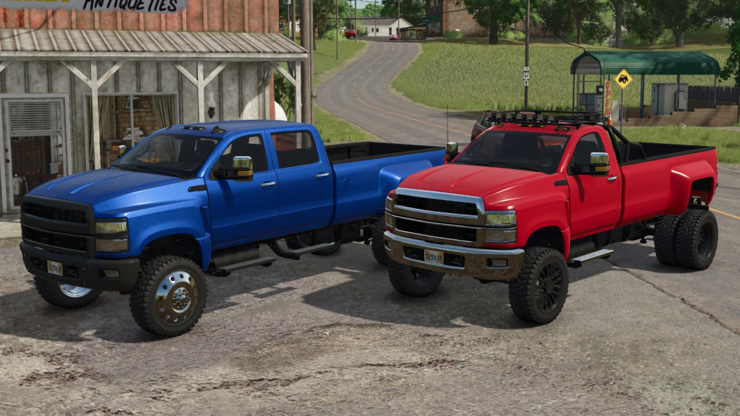 Two FS25 mod trucks, a blue and a red, parked in front of an antique shop in Farming Simulator 25.
