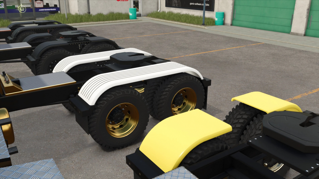 Farming Simulator 25 mods showcasing multi-axle truck chassis with yellow and white wheel arches, used for farming transport. FS25 mods.