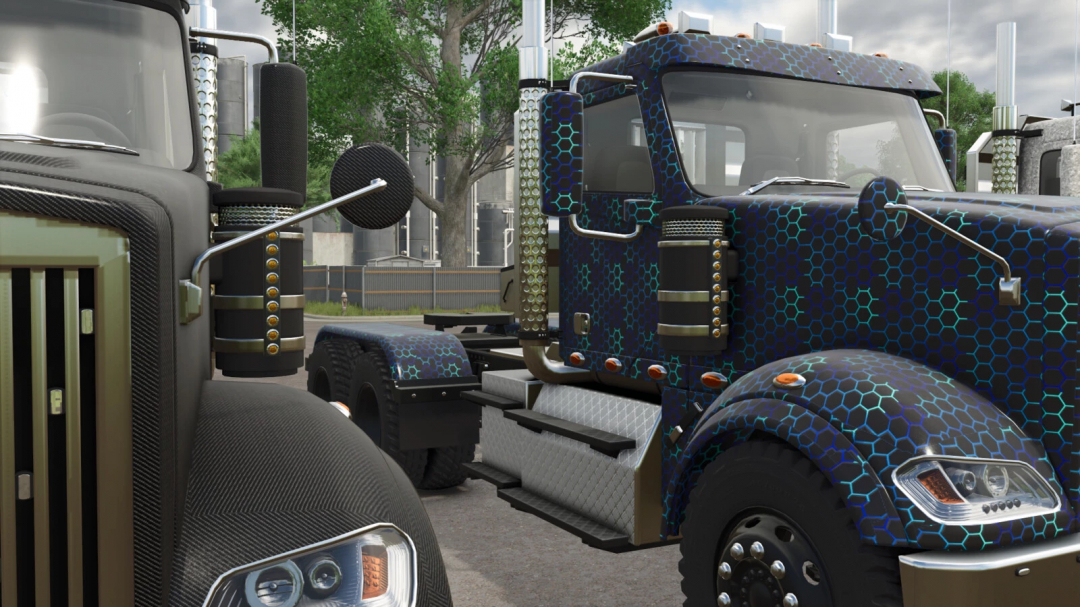 Farming Simulator 25 mods, custom truck with blue honeycomb pattern skin in FS25 game.