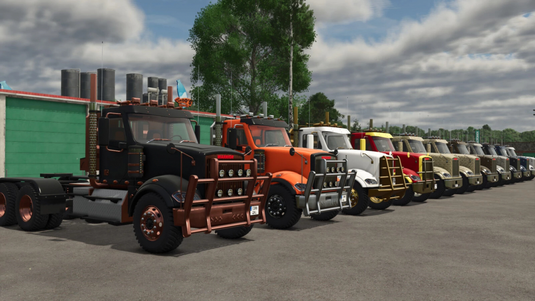 Lineup of various color trucks in Farming Simulator 25, featuring the Lizard Warrior Plus v1.0.0.0 mod, showcasing detailed vehicle mods.