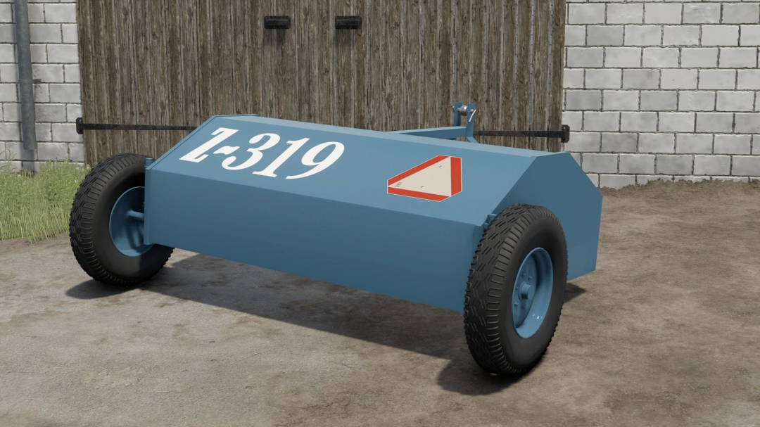 Blue farming trailer with 'L-319' and hazard markings for Farming Simulator 25 mods, shown on a farm dirt surface.