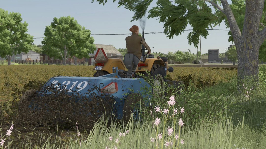 Farming Simulator 25 mod: woman using a tractor with a mower attachment in a rural field, part of FS25 mods.
