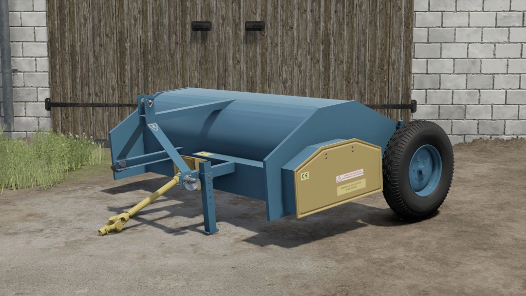 Farming Simulator 25 mod: Lizard Z-319 manure spreader with blue body, large single wheel, and attaching mechanism, placed on dirt ground against a wooden and brick wall.