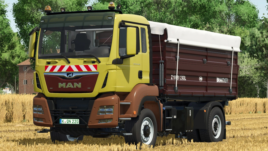 Farming Simulator 25 mod featuring the MAN TGS 18 series truck with a brown and yellow cab, yellow accents, and a large brown cargo bed with white cover.