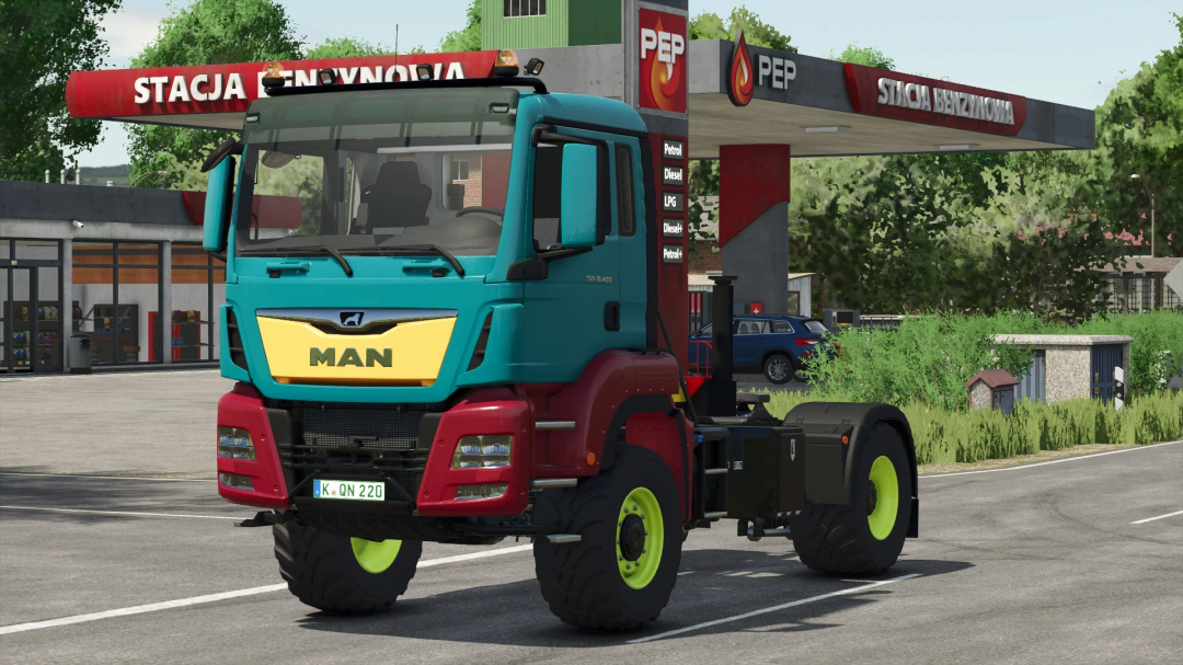 Farming Simulator 25 mod: MAN TGS 18 Series truck at a fuel station, part of the FS25 mods collection.
