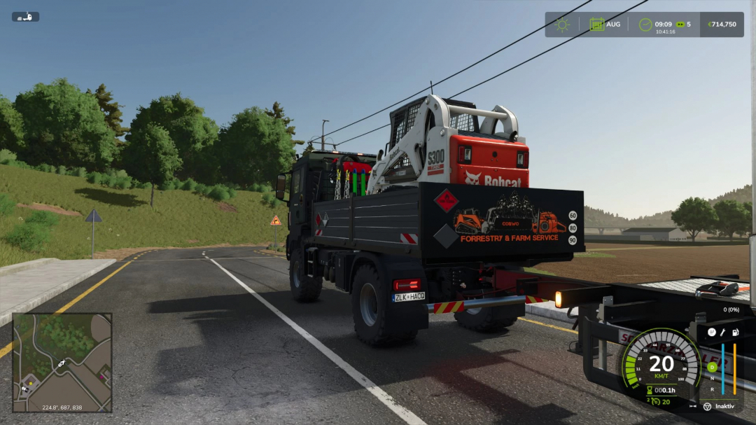 Farming Simulator 25 mod: MAN TGS 18 truck with 4x4 drive, crane, forestry and farm service decals, in-game screenshot.