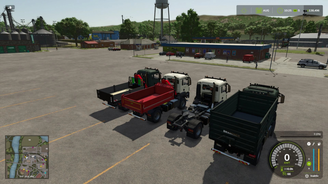 Farming Simulator 25 mods: three trucks with flatbeds and a crane attachment, parked in a parking lot.