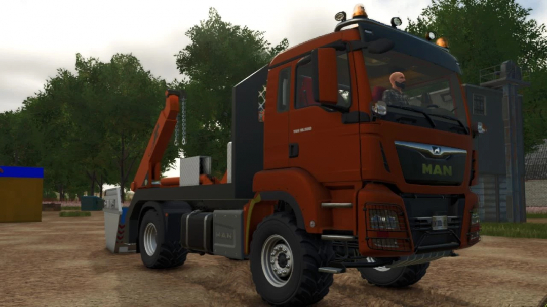 Farming Simulator 25 mod: MAN TGS Skip Loader v1.1.0.0 on the game with realistic truck and loading crane.