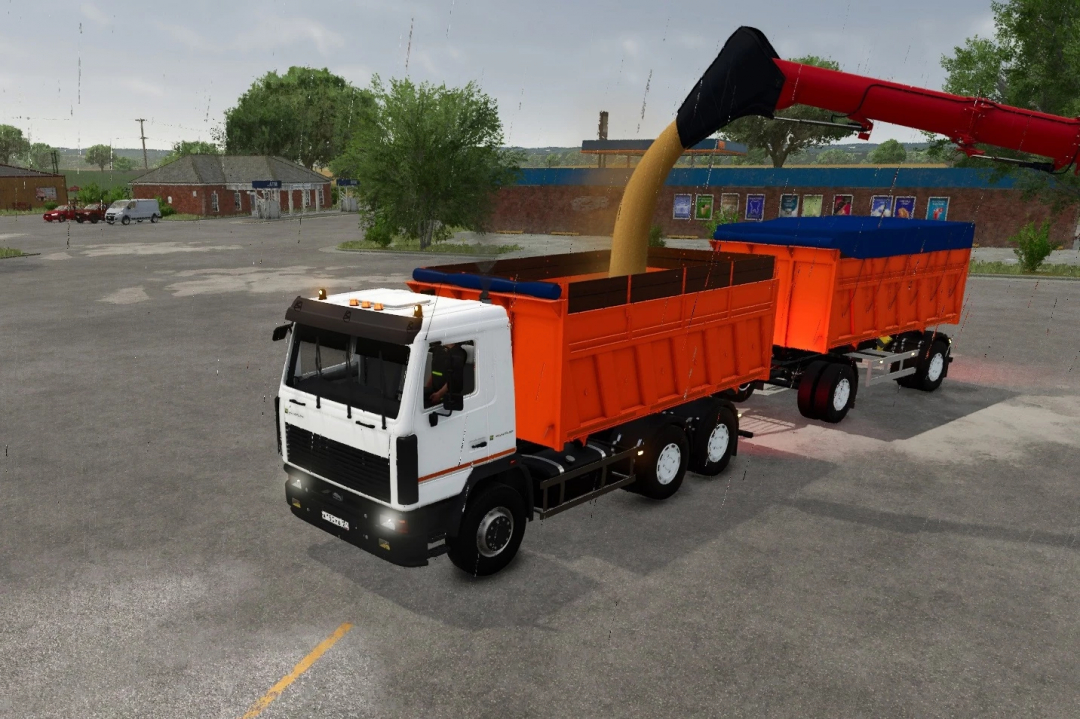 Farming Simulator 25 mod: MAZ-6501 B9 dump truck unloading grains with a conveyor system, in a parking lot on a rainy day.