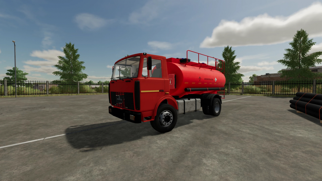 Red fuel tanker truck in Farming Simulator 22 with FS22 mods, detailed and realistic design, parked outdoors under a blue sky.