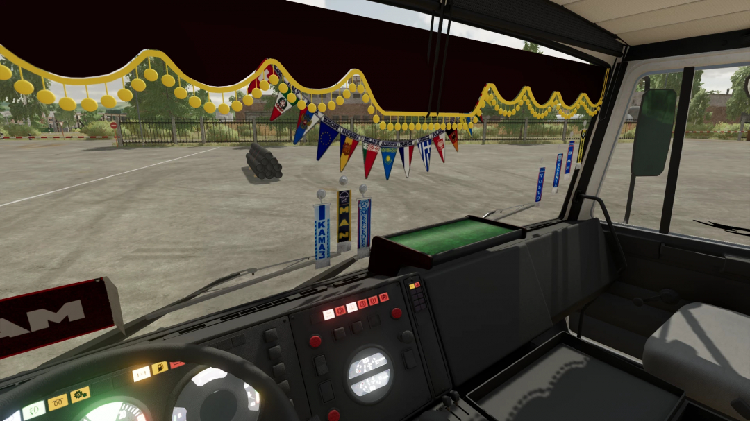 Inside view of a bus dashboard with colorful decorations, banners, and flags, in Farming Simulator 22 mods, MAZ 5337 modul v1.0.0.0.