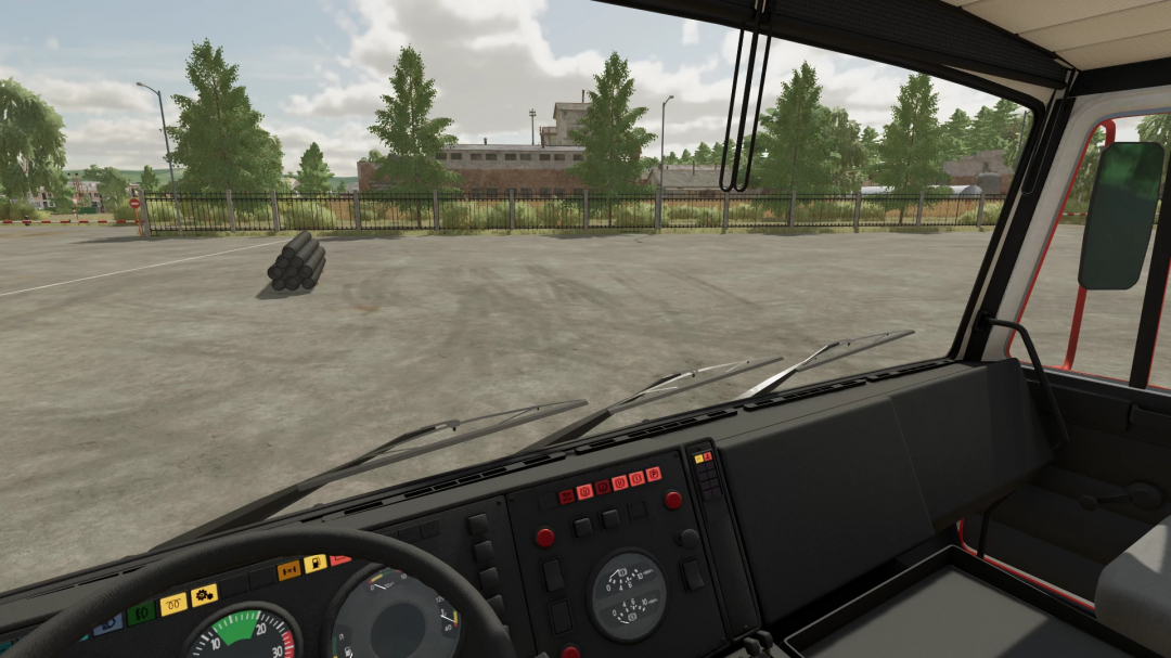 Inside view of a truck cockpit from Farming Simulator 22, featuring the dashboard and windshield overlooking a parking lot and trees, showcasing FS22 mods.