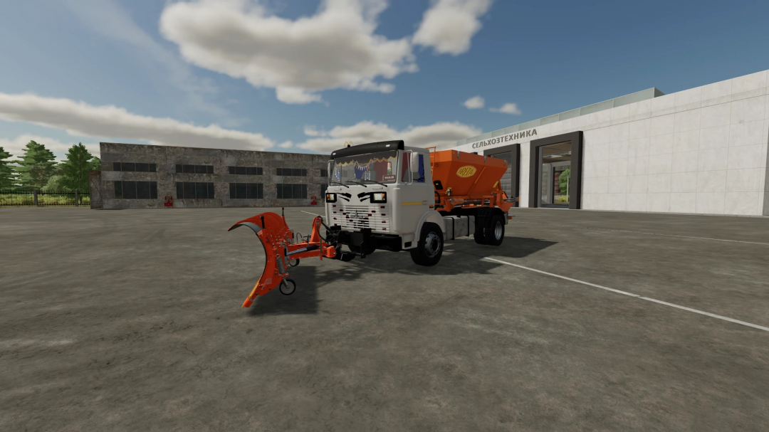 FS22 mod: MAZ 5337 modular truck with snow plow and fertilizer spreader, suitable for farming and agricultural tasks in Farming Simulator 22.