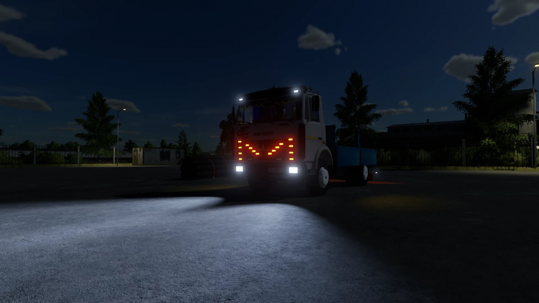 Night scene in Farming Simulator 22 with a MAZ 5337 mod, truck with illuminated facial expressions on its front grille, part of FS22 mods.