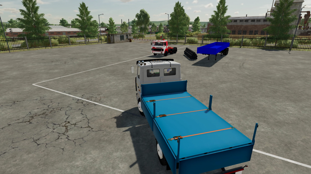 Farming Simulator 22 mod: Blue flatbed truck with orange straps, parked in a lot with other trucks and equipment, part of FS22 mods collection.