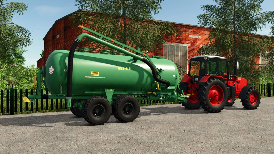 Farming Simulator 25 mod: Green MZHT-10 tank trailer attached to a red tractor, used for farming liquids in FS25.