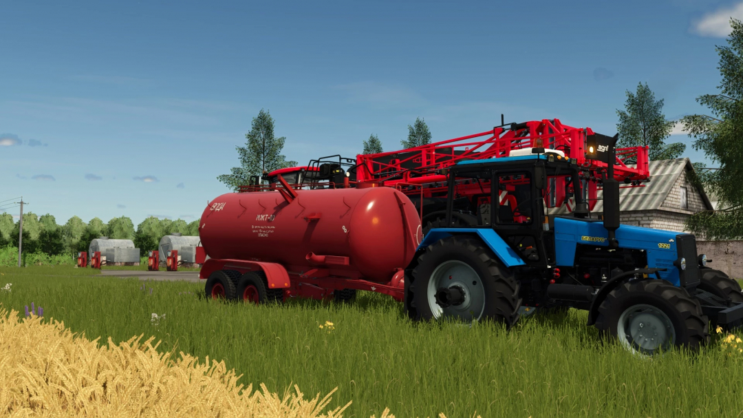 Farming Simulator 25 mod: Tractor with red tank trailer for transporting liquids, part of FS25 mods collection.
