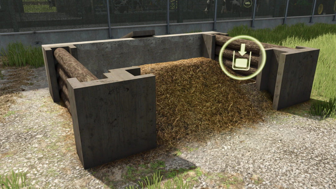 Manure heap for small farms in Farming Simulator 25, showing a concrete structure with manure inside, part of the FS25 mods for manure management.