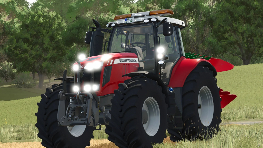 Farming Simulator 25 mod featuring a Massey Ferguson 7700 tractor with large tires and front and rear attachments in a field.