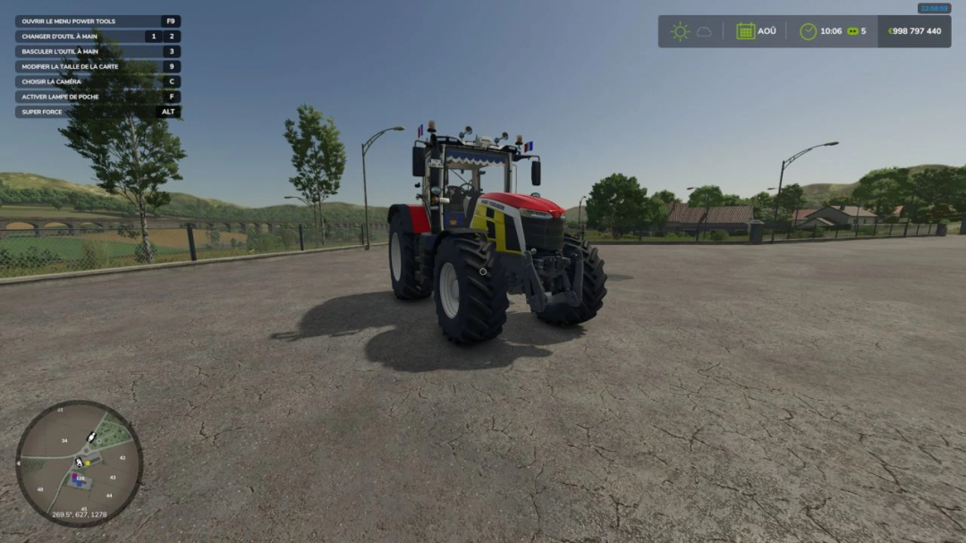 Farming Simulator 25 mod: Massey Ferguson 7S Edit tractor on a rural road in-game, detailed front view, part of FS25 mods collection.