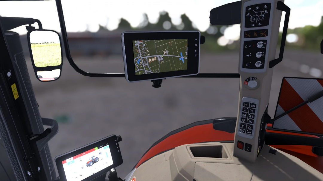 Interior view of a Farming Simulator 25 mod tractor with multiple control screens, including a GPS navigation system and implement controls.