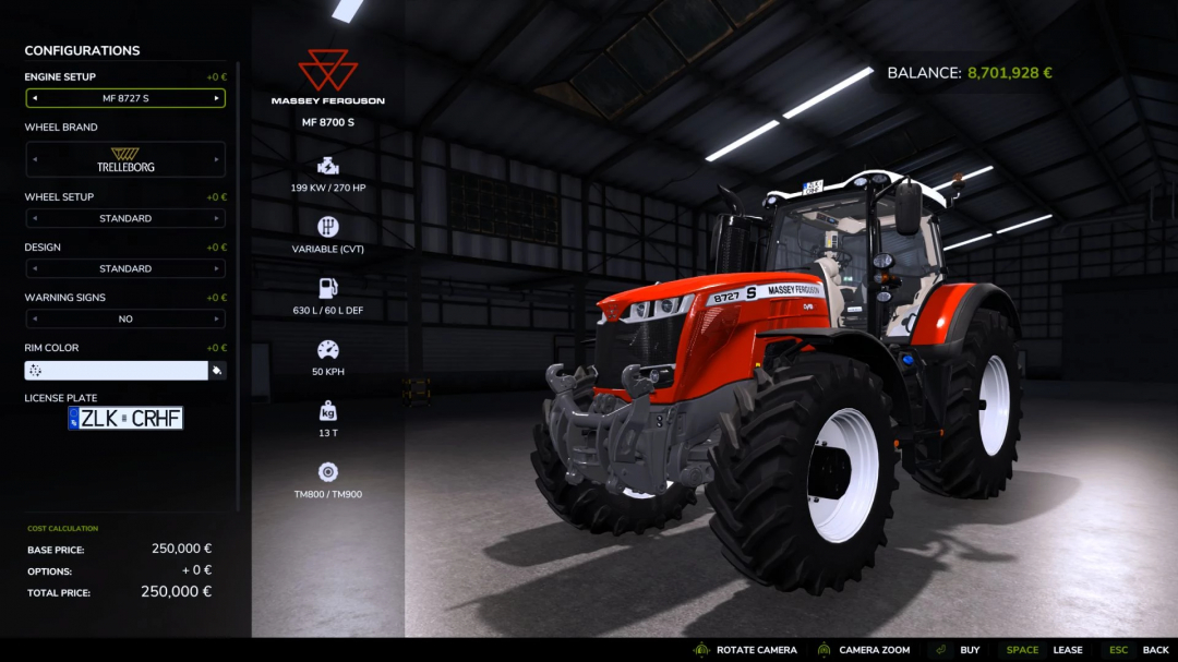 Farming Simulator 25 mod featuring a Massey Ferguson 8700S tractor, customizable configurations, and a large in-game currency balance.